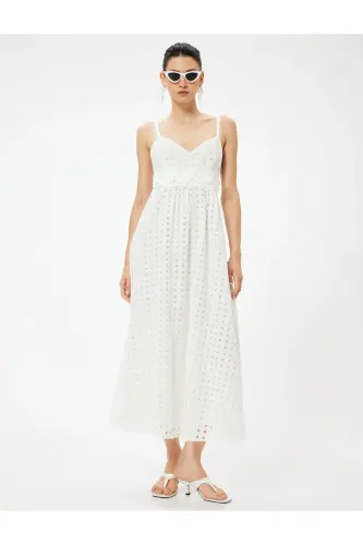 Halterneck Long Eyelet Dress with Flower Applique Detail, Bell Skirt, Lined - 3
