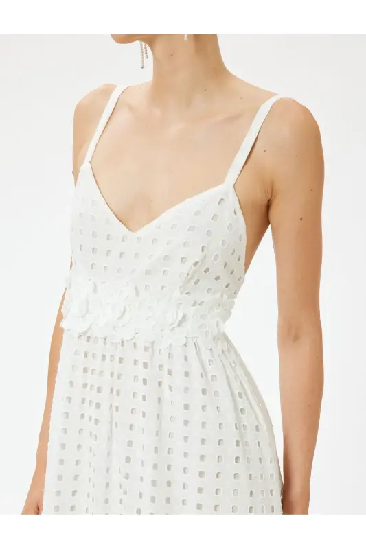 Halterneck Long Eyelet Dress with Flower Applique Detail, Bell Skirt, Lined - 5