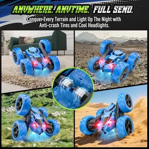 Hamdol bolalar uchun masofadan boshqariladigan akrobatik mashina, 360° aylanuvchi ikki tomonlama RC o'yinchoq, faralari bor, 4WD USB-C orqali quvvatlanuvchi, 6–12 yoshdagi o'g'il bolalar uchun ta'limiy STEM o'yinchoq - 4