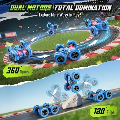 Hamdol bolalar uchun masofadan boshqariladigan akrobatik mashina, 360° aylanuvchi ikki tomonlama RC o'yinchoq, faralari bor, 4WD USB-C orqali quvvatlanuvchi, 6–12 yoshdagi o'g'il bolalar uchun ta'limiy STEM o'yinchoq - 4