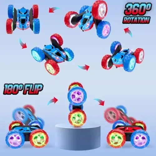 Hamdol bolalar uchun masofadan boshqariladigan RC Car 6-12, yuqori tezlikda 4WD Stunt Car LED chiroqlari va 360° aylanishi bilan, 2,4 GHz yo'ltanlamas transport vositasi qayta zaryadlanuvchi batareya bilan, Rojdestvo va tug'ilgan kun uchun ajoyib sovg'a o'g'il bolalar uchun - 5