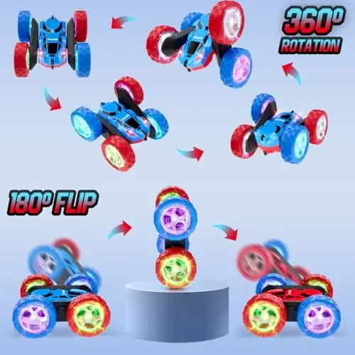 Hamdol bolalar uchun masofadan boshqariladigan RC Car 6-12, yuqori tezlikda 4WD Stunt Car LED chiroqlari va 360° aylanishi bilan, 2,4 GHz yo'ltanlamas transport vositasi qayta zaryadlanuvchi batareya bilan, Rojdestvo va tug'ilgan kun uchun ajoyib sovg'a o'g'il bolalar uchun - 5