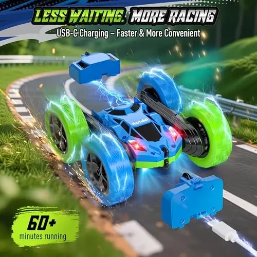 Hamdol bolalar uchun yangilangan RC Car, 360° aylanuvchi ikki tomonlama akrobatik mashina, faralar bilan, 2,4 GHz 4WD masofadan boshqaruv mashinasi, USB-C orqali qayta zaryadlanuvchi elektr o'yinchoq, o'g'il va qizlar uchun tug'ilgan kun sovg'asi - 6