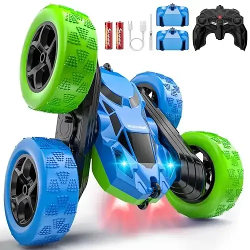 Hamdol bolalar uchun yangilangan RC Car, 360° aylanuvchi ikki tomonlama akrobatik mashina, faralar bilan, 2,4 GHz 4WD masofadan boshqaruv mashinasi, USB-C orqali qayta zaryadlanuvchi elektr o'yinchoq, o'g'il va qizlar uchun tug'ilgan kun sovg'asi - 1