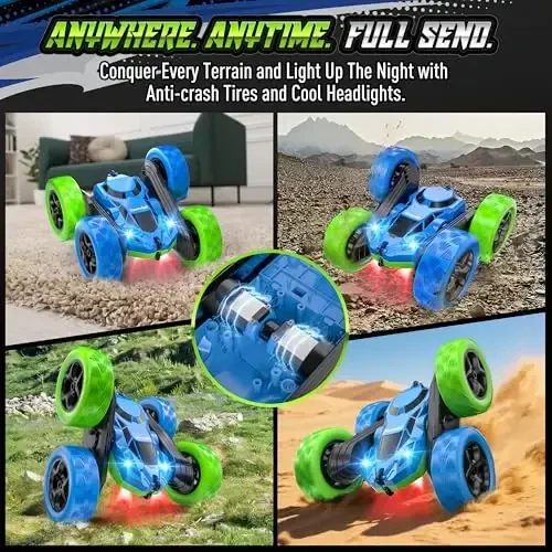 Hamdol bolalar uchun yangilangan RC Car, 360° aylanuvchi ikki tomonlama akrobatik mashina, faralar bilan, 2,4 GHz 4WD masofadan boshqaruv mashinasi, USB-C orqali qayta zaryadlanuvchi elektr o'yinchoq, o'g'il va qizlar uchun tug'ilgan kun sovg'asi - 4
