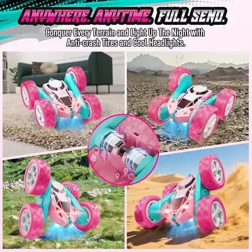 Hamdol Pink RC Car for Girls Age 6+, 360° Rotating Stunt Remote Control Vehicle with LED Lights, Upgraded 4WD USB-C Rechargeable Electric Toy, Perfect Birthday, Holiday - 4