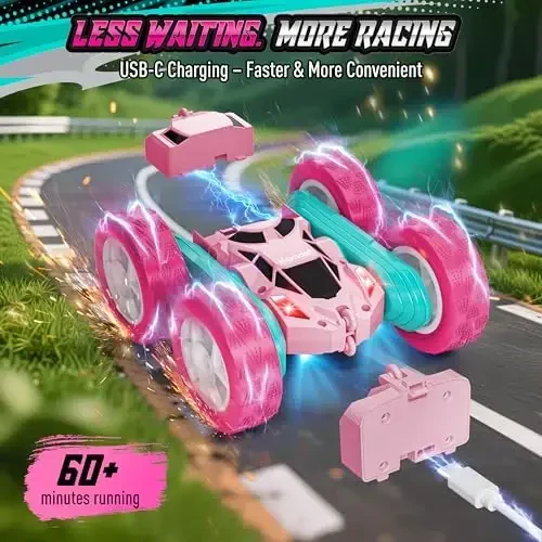 Hamdol Pink RC Car for Girls Age 6+, 360° Rotating Stunt Remote Control Vehicle with LED Lights, Upgraded 4WD USB-C Rechargeable Electric Toy, Perfect Birthday, Holiday - 6