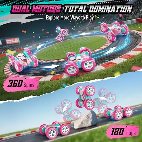 Hamdol Pink RC Car for Girls Age 6+, 360° Rotating Stunt Remote Control Vehicle with LED Lights, Upgraded 4WD USB-C Rechargeable Electric Toy, Perfect Birthday, Holiday - 3
