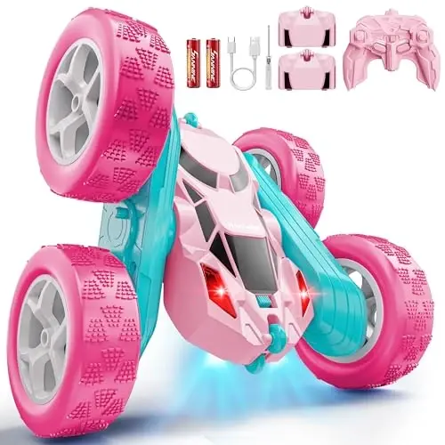 Hamdol Pink RC Car for Girls Age 6+, 360° Rotating Stunt Remote Control Vehicle with LED Lights, Upgraded 4WD USB-C Rechargeable Electric Toy, Perfect Birthday, Holiday - 1