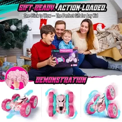 Hamdol Pink RC Car for Girls Age 6+, 360° Rotating Stunt Remote Control Vehicle with LED Lights, Upgraded 4WD USB-C Rechargeable Electric Toy, Perfect Birthday, Holiday - 7
