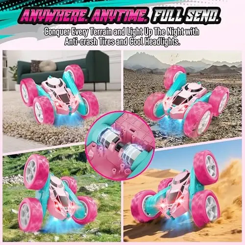Hamdol Pink RC Car for Girls Age 6+, 360° Rotating Stunt Remote Control Vehicle with LED Lights, Upgraded 4WD USB-C Rechargeable Electric Toy, Perfect Birthday, Holiday - 4