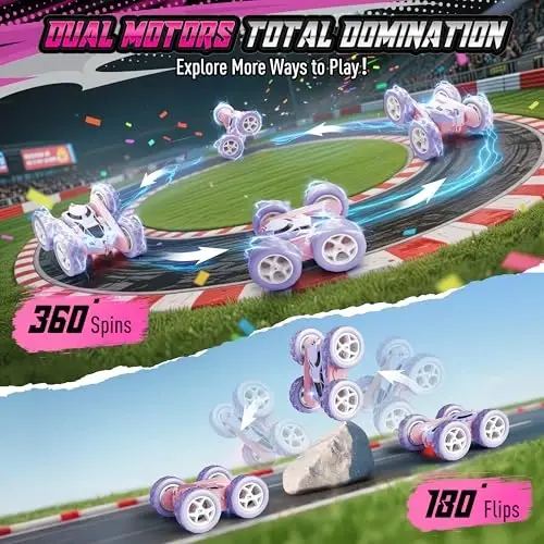 Hamdol Qizlar uchun masofadan boshqarish mashinasi, ikki tomonlama rangli dizaynli Stunt RC transport vositasi, yangilangan 4WD USB-C qayta zaryadlanuvchi o'yinchoq, 2,4 GHz tezkor elektr STEM o'yinchoq, 6+ yosh uchun tug'ilgan kun - 3