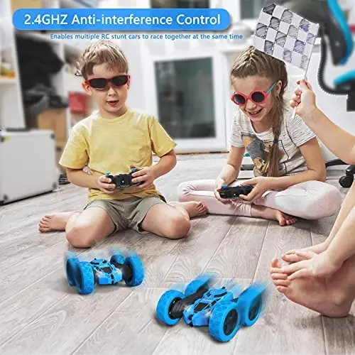 Hamdol Remote Control Car Double Sided 360°Rotating 4WD RC Cars with Headlights 2.4GHz Electric Race Stunt Toy Car Rechargeable Toy Cars for Boys Girls Birthday (Blue) - 5