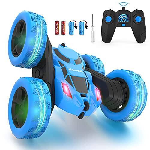 Hamdol Remote Control Car Double Sided 360°Rotating 4WD RC Cars with Headlights 2.4GHz Electric Race Stunt Toy Car Rechargeable Toy Cars for Boys Girls Birthday (Blue) - 1