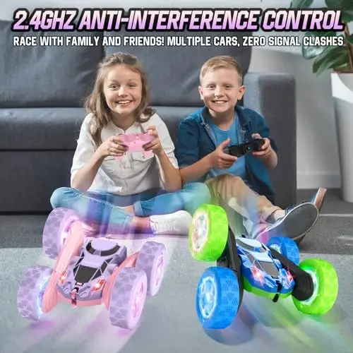 Hamdol Remote Control Car, Double Sided 360°Rotating 4WD RC Cars, with Sparkling LED Wheels, 2.4GHz Electric Race Stunt Toy Car, Rechargeable Toy Cars for Boys Girls Birthday - 4