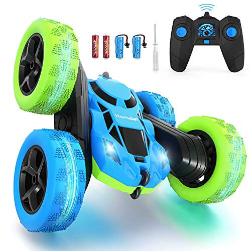 Hamdol Remote Control Car for 6-12 Year Old Double Sided 360°Rotating 4WD RC Cars with Headlights 2.4GHz Electric Rechargeable Race Stunt Toy Car for Boys Girls Birthday (Blue&Green) - 1