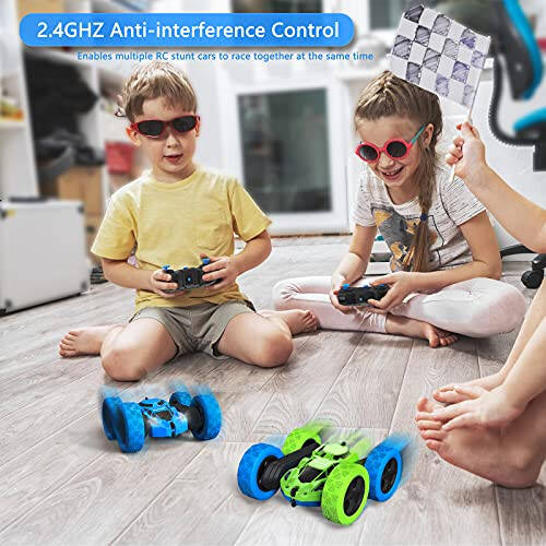 Hamdol Remote Control Car for 6-12 Year Old Double Sided 360°Rotating 4WD RC Cars with Headlights 2.4GHz Electric Rechargeable Race Stunt Toy Car for Boys Girls Birthday (Blue&Green) - 5