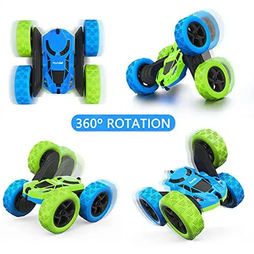 Hamdol Remote Control Car for 6-12 Year Old Double Sided 360°Rotating 4WD RC Cars with Headlights 2.4GHz Electric Rechargeable Race Stunt Toy Car for Boys Girls Birthday (Blue&Green) - 2
