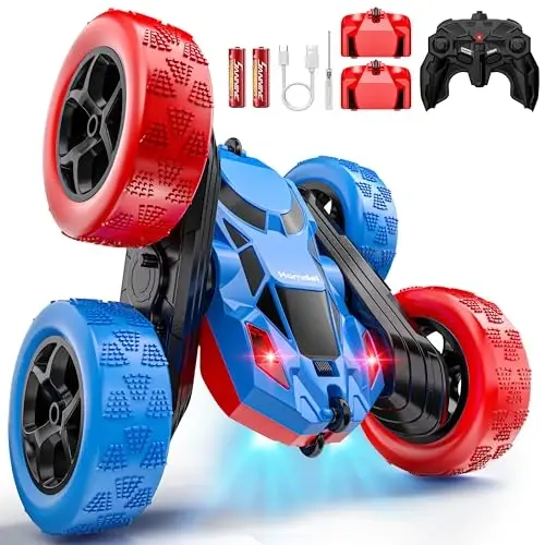 Hamdol STEM bolalar uchun masofadan boshqarish mashinasi, 360° aylanuvchi ikki tomonlama rangli dizaynli RC Stunt Car, LED chiroqlari bilan, USB-C orqali qayta zaryadlanuvchi o'quv o'yinchog'i 6–12 yoshdagi o'g'il bolalar uchun, ideal tug'ilgan kun 
