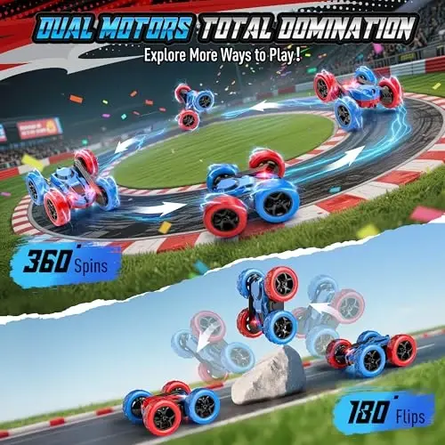Hamdol STEM bolalar uchun masofadan boshqarish mashinasi, 360° aylanuvchi ikki tomonlama rangli dizaynli RC Stunt Car, LED chiroqlari bilan, USB-C orqali qayta zaryadlanuvchi o'quv o'yinchog'i 6–12 yoshdagi o'g'il bolalar uchun, ideal tug'ilgan kun - 3