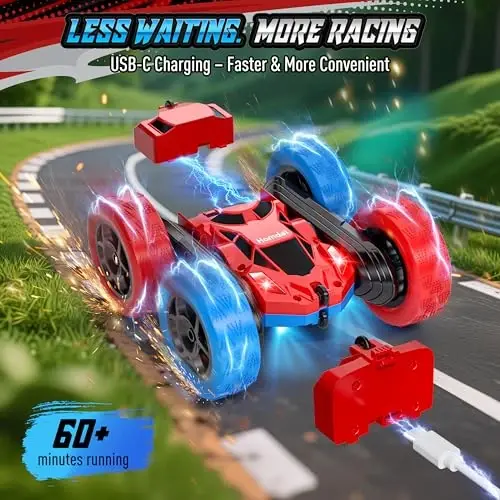 Hamdol STEM Remote Control Car for Kids, 360° Spinning Double-Sided Coloured Design RC Stunt Car with LED Lights, USB-C Rechargeable Educational Toy for Boys Ages 6–12, Ideal Birthday - 6