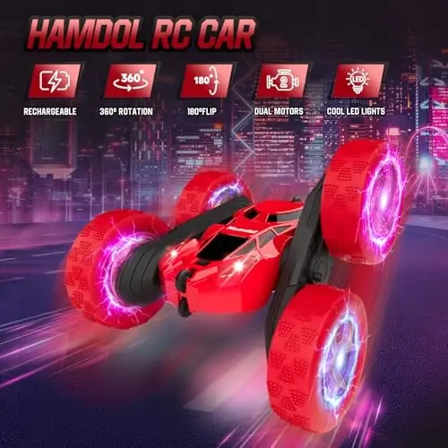 Hamdol Remote Control Car for Kids Ages 6-12, 4WD RC Stunt Car with LED Lights & 360° Flips, 2.4GHz Fast Electric Toy Vehicle, Upgraded Battery, Birthday for Boys Ages 8-10 - 2