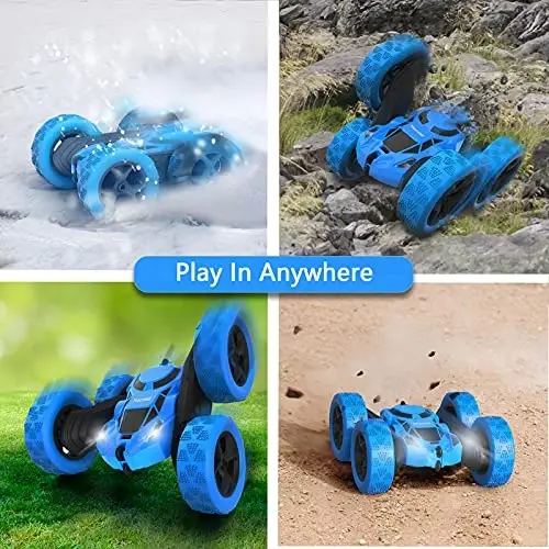 Hamdol Uzaktan Kumandalı Araba Çift Taraflı 360° Döndürülebilir 4WD RC Arabalar Farlı 2.4GHz Elektrikli Yarış Dublör Oyuncak Araba Şarj Edilebilir Oyuncak Arabalar Erkek Kız Doğum Günü (Mavi) 