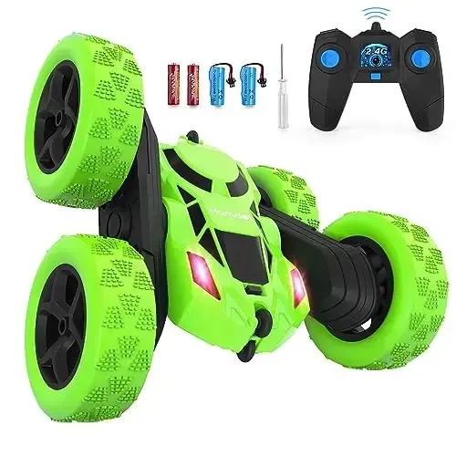 Hamdol Remote Control Car, Double Sided 360°Rotating 4WD RC Cars with Headlights 2.4GHz Electric Race Stunt Toy Car Rechargeable Toy Cars for Boys Girls Birthday (Green) 