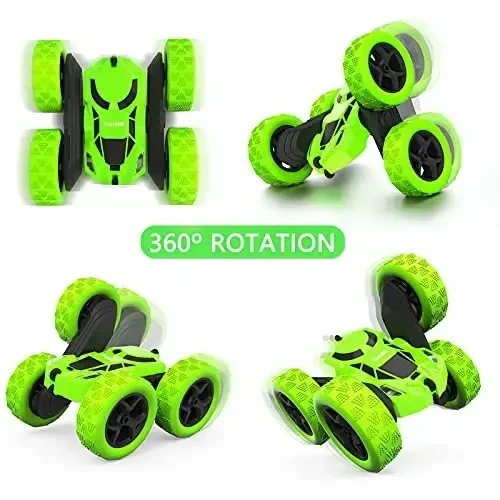 Hamdol Remote Control Car, Double Sided 360°Rotating 4WD RC Cars with Headlights 2.4GHz Electric Race Stunt Toy Car Rechargeable Toy Cars for Boys Girls Birthday (Green) - 2