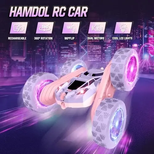 Hamdol Remote Control Car, Double Sided 360°Rotating 4WD RC Cars, with Sparkling LED Wheels, 2.4GHz Electric Race Stunt Toy Car, Rechargeable Toy Cars for Boys Girls Birthday Valentines Gift - 2