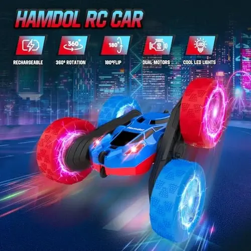 Hamdol Remote Control RC Car for Kids 6-12, High-Speed 4WD Stunt Car with LED Lights & 360° Rotation, 2.4GHz Off-Road Vehicle Toy with Rechargeable Battery, Cool Christmas and Birthday Gift for Boys - HAMDOL (1)