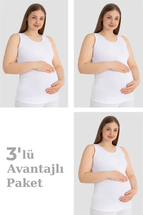 Hamile Atlet Kalın Askılı Pamuklu Likralı Esnek Beyaz 3'lü Paket - BÜYÜKBEDENIZ