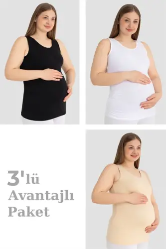 Hamile Atlet Kalın Askılı Pamuklu Likralı Esnek Renkli 3'lü Paket - 1