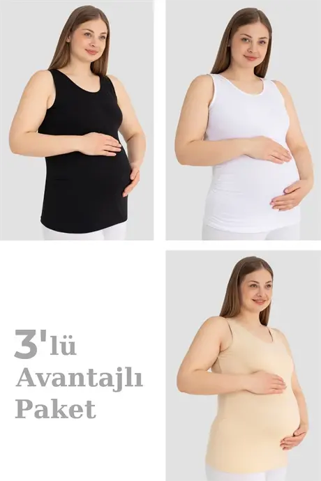 Hamile Atlet Kalın Askılı Pamuklu Likralı Esnek Renkli 3'lü Paket - BÜYÜKBEDENIZ
