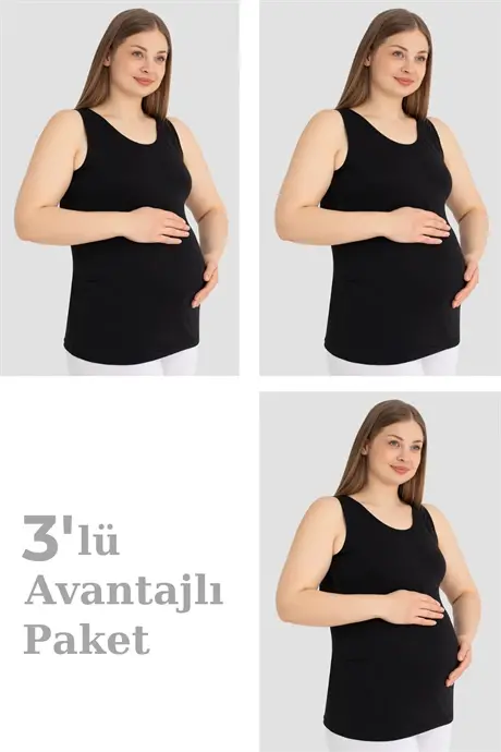 Hamile Atlet Kalın Askılı Pamuklu Likralı Esnek Siyah 3'lü Paket - BÜYÜKBEDENIZ