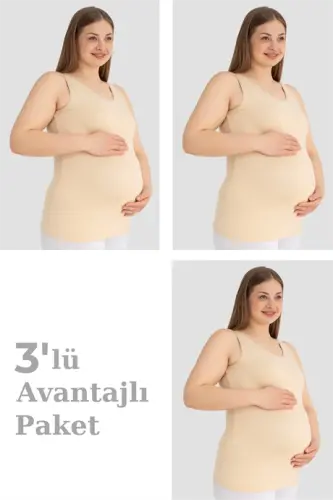 Hamile Atlet Kalın Askılı Pamuklu Likralı Esnek Ten 3'lü Paket - 1