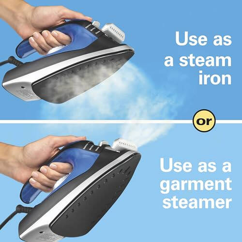 Hamilton Beach 2-in-1 Steam Iron for Clothes and Garment Steamer with 5 Temperature Settings, Nonstick Soleplate, 1200 Watts, 8’ Cord, Black & Blue (14525F) - 2