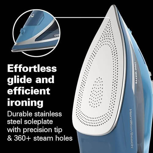 Hamilton Beach Steam Iron for Clothes & Garment Steamer with Durable Stainless Steel Soleplate, 1700 Watts for Ultra-Fast Heat, 8’ Retractable Cord, Auto Shutoff, 350 ml Water Tank, Blue (14216) - 2