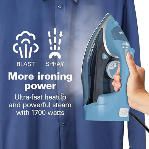 Hamilton Beach Steam Iron for Clothes & Garment Steamer with Durable Stainless Steel Soleplate, 1700 Watts for Ultra-Fast Heat, 8’ Retractable Cord, Auto Shutoff, 350 ml Water Tank, Blue (14216) - 4