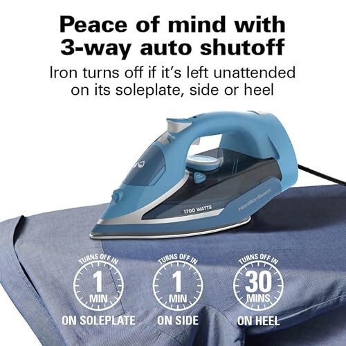 Hamilton Beach Steam Iron for Clothes & Garment Steamer with Durable Stainless Steel Soleplate, 1700 Watts for Ultra-Fast Heat, 8’ Retractable Cord, Auto Shutoff, 350 ml Water Tank, Blue (14216) - 6