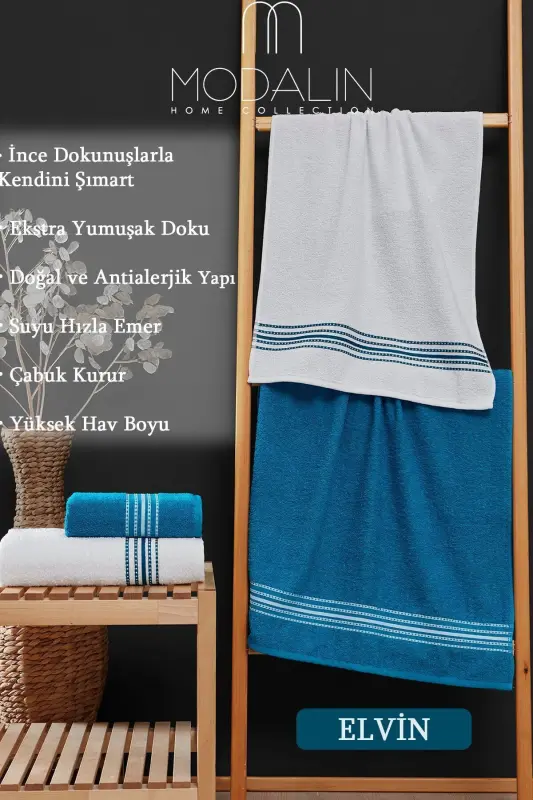Hammom Sochigʻi Toʻplami 4 Ta Firuza-oq Elvin – Yumshoq Toʻqimali, Tez Quritish (70X140 X2 /50X90SM X2 SM)-FIRUZA - 6