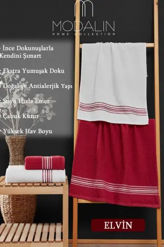 Hammom sochiqlari to'plami 4 dona bordo-oq Elvin - Yumshoq to'qimali, tez quriydi (70X140 X2 /50X90CM X2 CM)-BORDO - 6