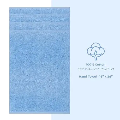 Hammom uchun American Soft Linen hashamatli qo'l sochiqlari, 600 GSM og'ir vazn 16x28 o'lcham 100% Paxta Turkcha 4 qismli qo'l va yuz sochiq to'plami, Ochiq ko'k qo'l sochiqlari - 4