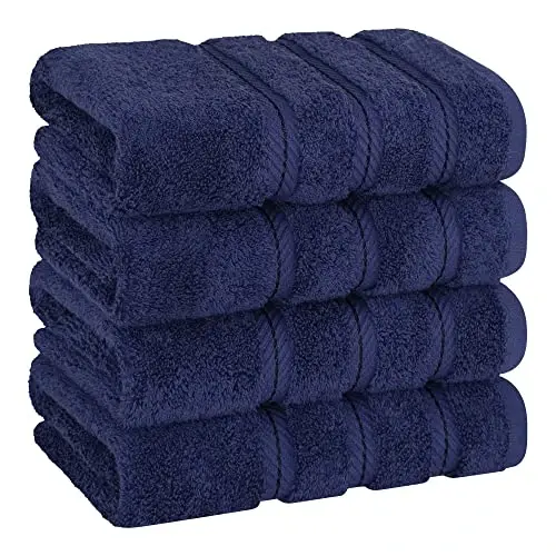 Hammom uchun American Soft Linen hashamatli qo'l sochiqlari, 600 GSM og'ir vazn 16x28 o'lcham 100% paxta Turkcha 4 qismli qo'l va yuz sochiq to'plami, To'q ko'k rangli qo'l sochiqlari 