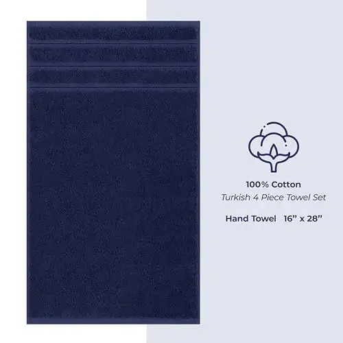 Hammom uchun American Soft Linen hashamatli qo'l sochiqlari, 600 GSM og'ir vazn 16x28 o'lcham 100% paxta Turkcha 4 qismli qo'l va yuz sochiq to'plami, To'q ko'k rangli qo'l sochiqlari - 4