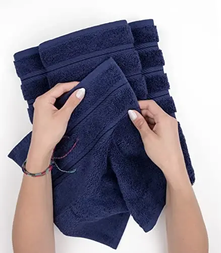 Hammom uchun American Soft Linen hashamatli qo'l sochiqlari, 600 GSM og'ir vazn 16x28 o'lcham 100% paxta Turkcha 4 qismli qo'l va yuz sochiq to'plami, To'q ko'k rangli qo'l sochiqlari - 5