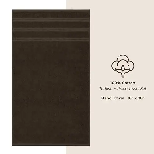 Hammom uchun American Soft Linen hashamatli qo'l sochiqlari, 600 GSM og'ir vaznli 16x28 o'lchamli 100% paxtali Turkcha 4 qismli qo'l va yuz sochiq to'plami, jigarrang qo'l sochiqlari - 4