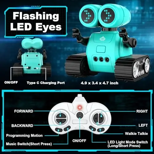 Hamourd Robot Toys - Kids Rechargeable RC Robots with Gesture Sensing, Walkie-Talkie, Flexible Head & Arms, Programming Motion, Dance Moves, Music, Shining LED Eyes, Girls Boys Birthday,Jade Green - 7