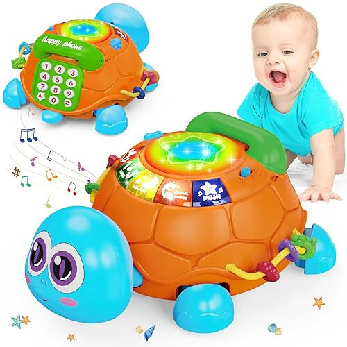 Hanayo Baby Crawling Toys Infant Musical Turtle Crawling Toys with Light, Play Phone, Tummy Time Toys 0-3 3-6 6-12 12-18 Months Birthday Gift Toys for 1 Year Old Boy Girl Toddler Toys Age 1-2 - 1