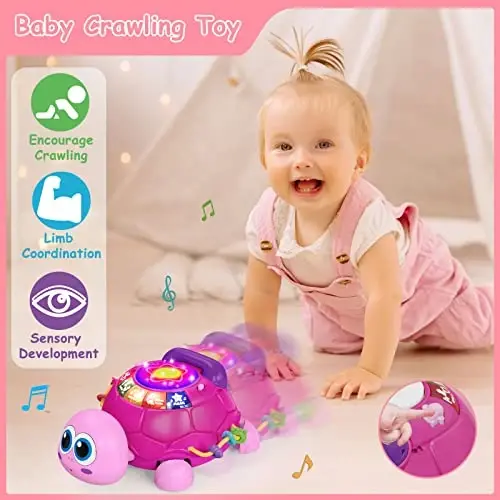 Hanayo Baby Musical Turtle Crawling Girl Toys for 6-18 Months，Infant Early Learning Educational Toy，Baby Girl Gift Essentials for Newborn 7 8 9 11+ Months 1-2 Year Old(Pink) - 3